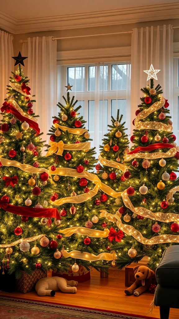 Four decorated Christmas trees with lights and ornaments in a cozy room