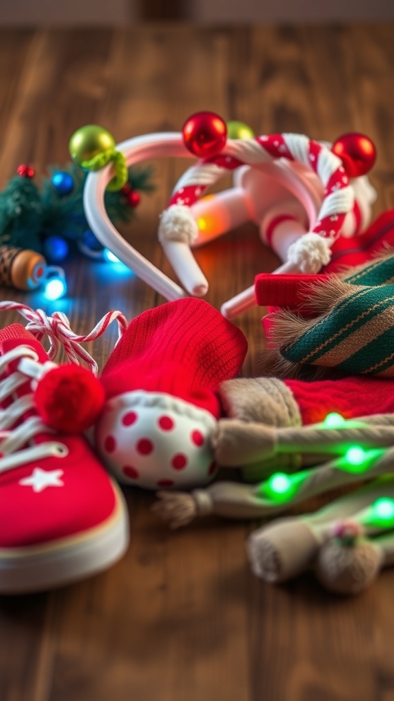 A collection of festive accessories for a Christmas 5K, including red sneakers, mittens, and headbands.