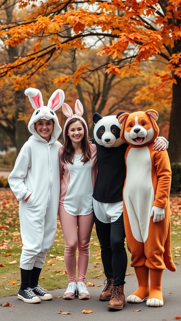 Four friends in animal costumes: a bunny, a panda, and a dog, smiling in a park with autumn leaves.