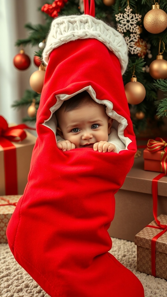 A seven-month-old baby peeking out from a large red Christmas stocking, surrounded by a decorated tree and gifts.