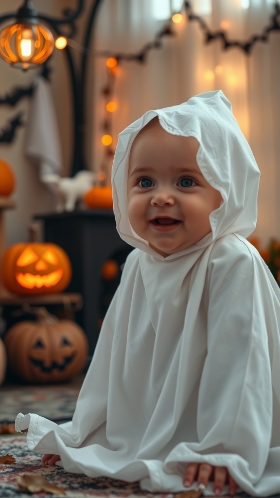 A nine-month-old baby in a ghost costume, smiling in a decorated Halloween setting with pumpkins and lanterns.