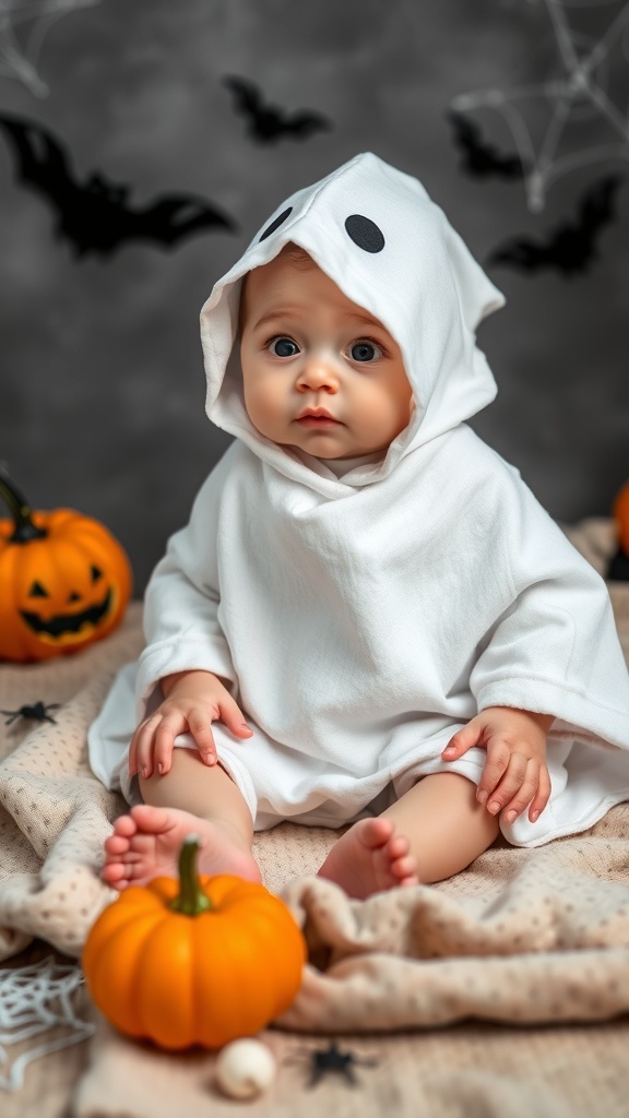 A baby in a ghost costume sitting among pumpkins and Halloween decorations.