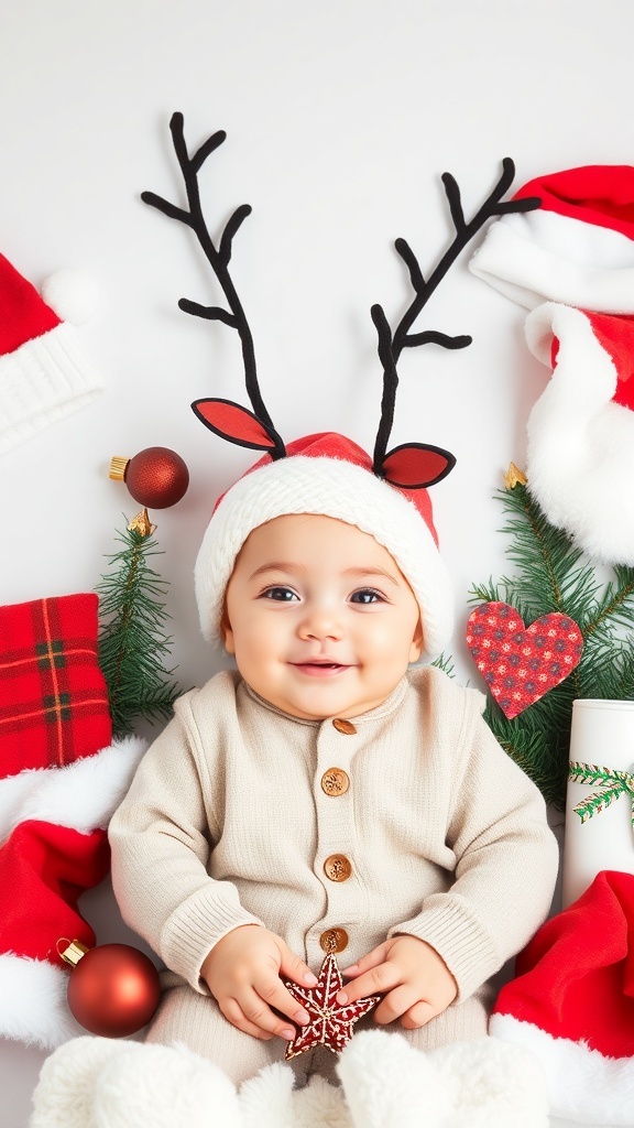 A baby with reindeer antlers and a Santa hat surrounded by holiday decorations.