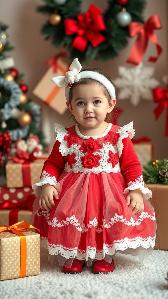 A one-year-old girl in a red holiday dress with lace details, sitting in front of Christmas decorations and gifts.