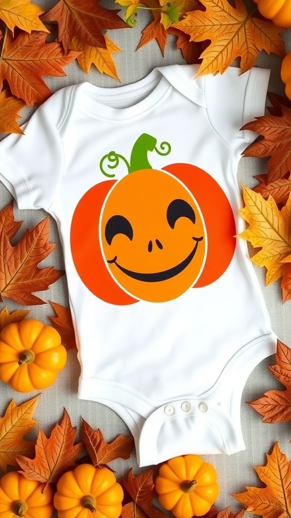 A cute pumpkin onesie surrounded by autumn leaves and small pumpkins