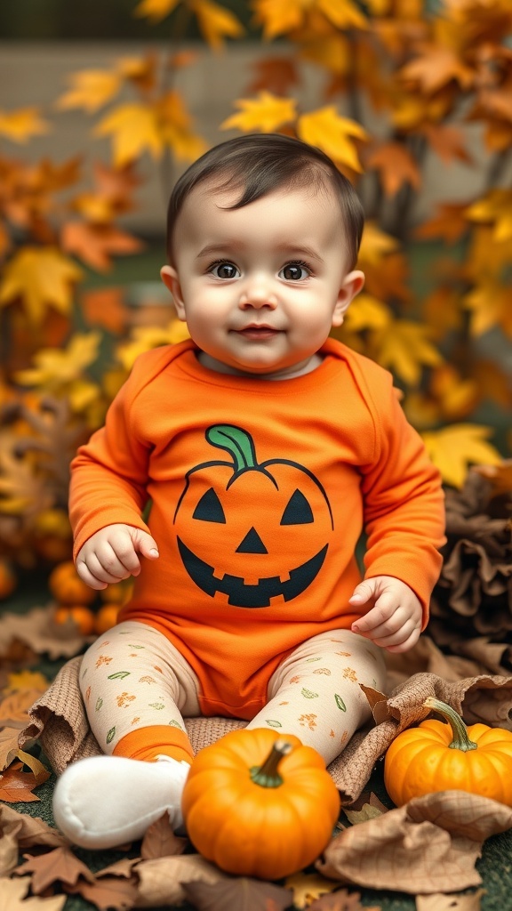A baby in an orange pumpkin onesie sitting among autumn leaves and small pumpkins.