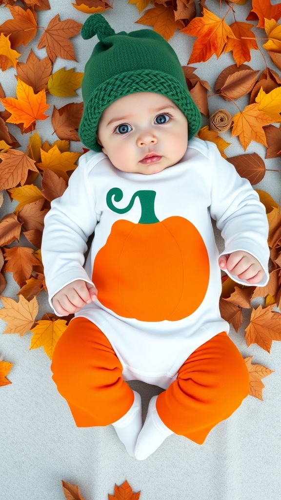 Baby girl in a pumpkin onesie with a green hat, surrounded by autumn leaves.
