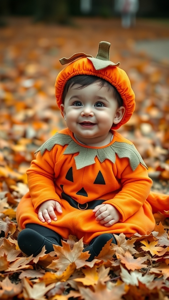 A baby girl in a pumpkin costume sitting on autumn leaves, smiling happily.