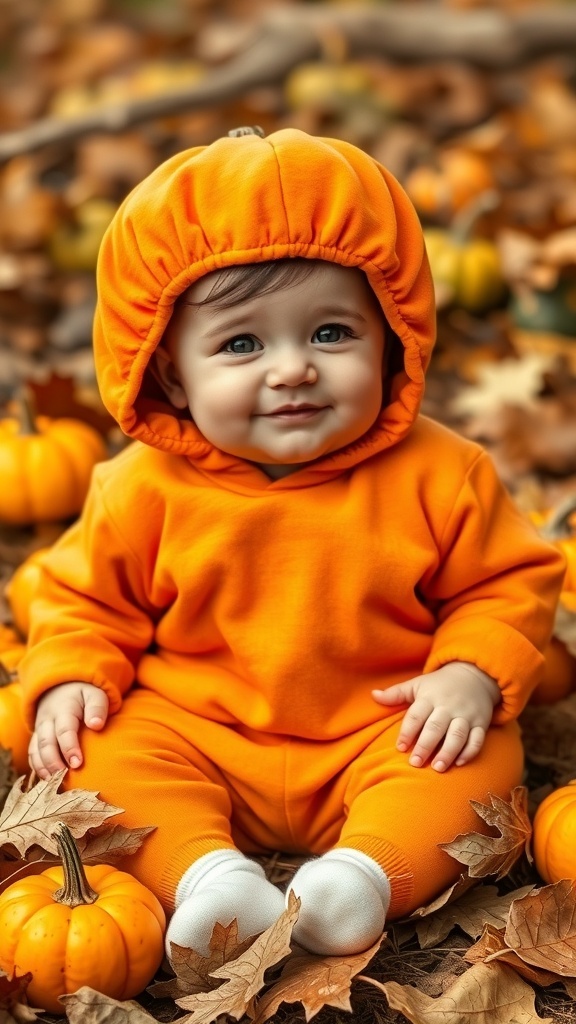 A baby wearing an orange pumpkin outfit, sitting among pumpkins and autumn leaves.