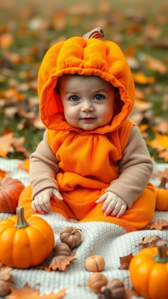 A baby wearing a pumpkin costume, surrounded by small pumpkins and autumn leaves.