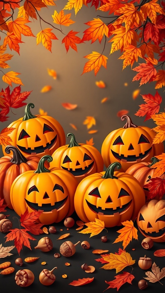 A collection of cheerful pumpkins surrounded by colorful autumn leaves.