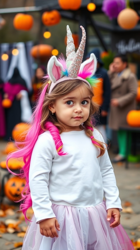 A young girl in a unicorn costume with a colorful mane and fluffy tutu, surrounded by Halloween decorations.