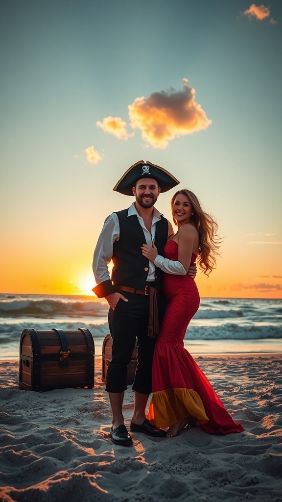 A couple dressed as a pirate and a mermaid on the beach during sunset.