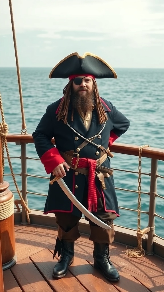 A pirate captain standing on a ship's deck with a sword, wearing a large hat and pirate attire.