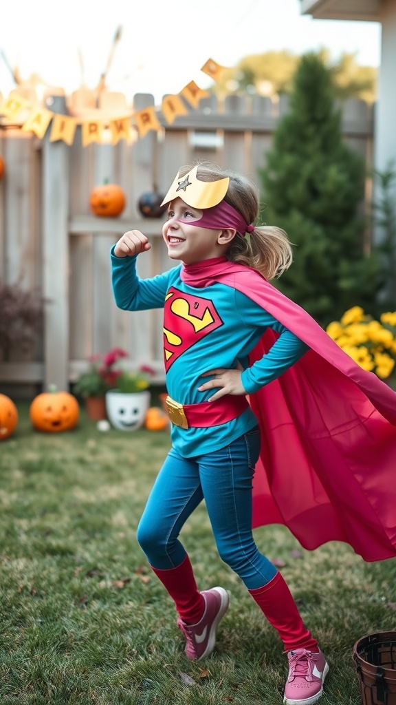 A girl in a superhero costume with a pink cape, blue outfit, and mask, posing confidently in a decorated yard.