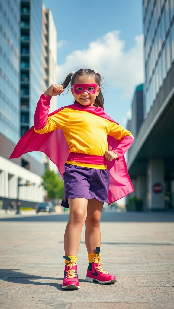 A girl in a bright superhero costume with a pink cape, yellow top, and purple shorts, posing confidently outdoors.