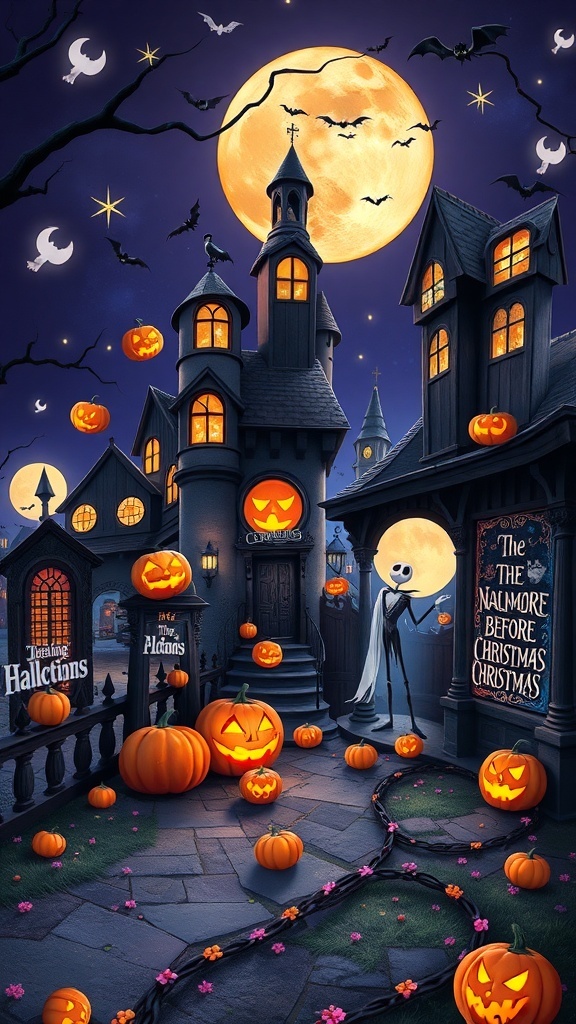 A whimsical Halloween scene featuring a haunted house, pumpkins, bats, and a spooky moon.