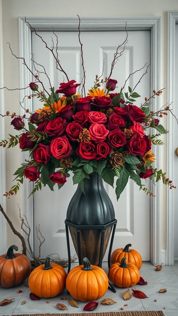 A beautiful floral arrangement with red roses and yellow flowers in a black vase, surrounded by orange pumpkins.