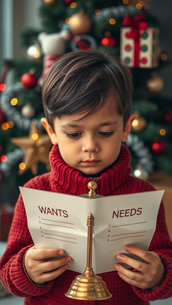 A child in a red sweater holding a list titled 'WANTS' and 'NEEDS' in front of a decorated Christmas tree.
