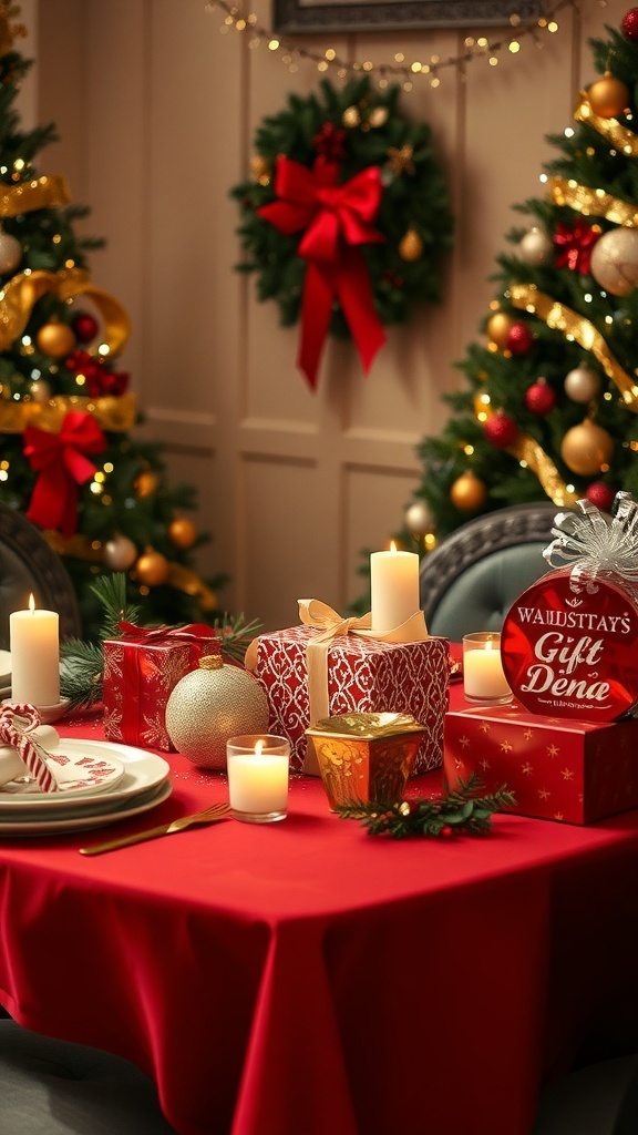A festive holiday table with wrapped gifts, candles, and Christmas decorations.
