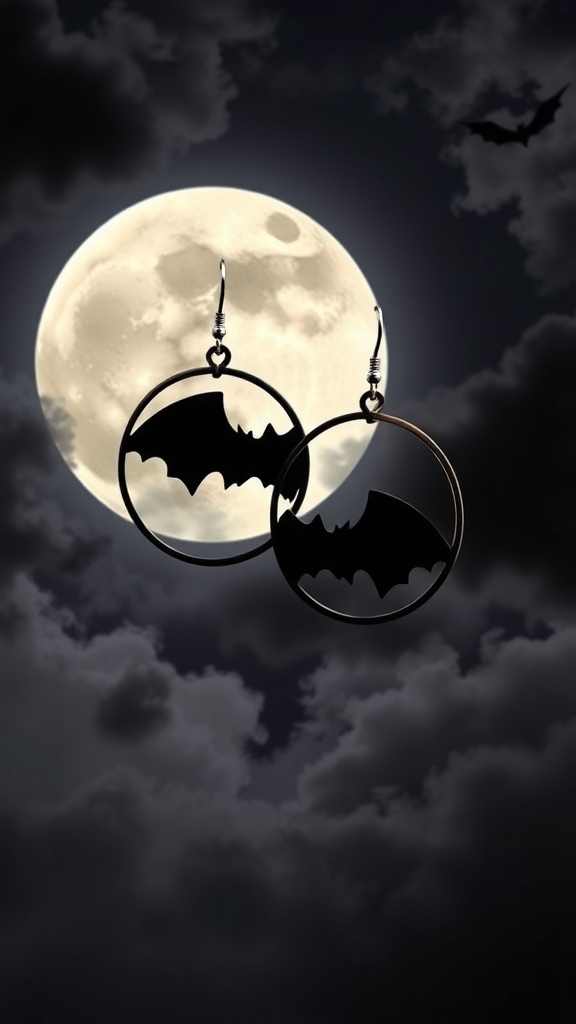 Bat silhouette hoop earrings against a full moon and cloudy night sky