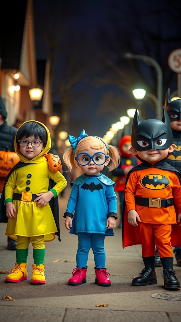 Children in 90s cartoon-inspired Halloween costumes, showcasing vibrant colors and playful designs.