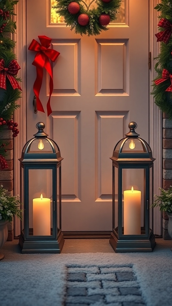 A cozy Halloween door display featuring two lanterns with candles, a festive wreath, and red bows.