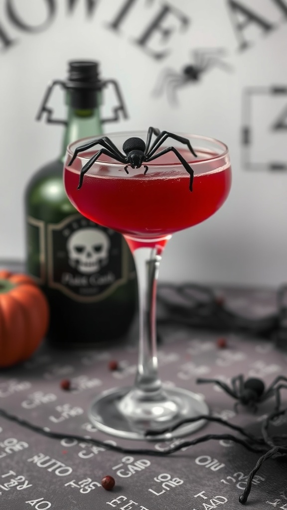 A blood-red cocktail garnished with a black spider, set against a Halloween-themed backdrop.