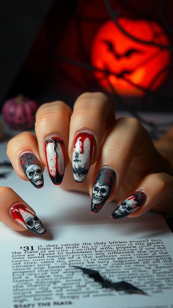A hand with Halloween-themed acrylic nails featuring blood drip, skulls, and horror motifs.