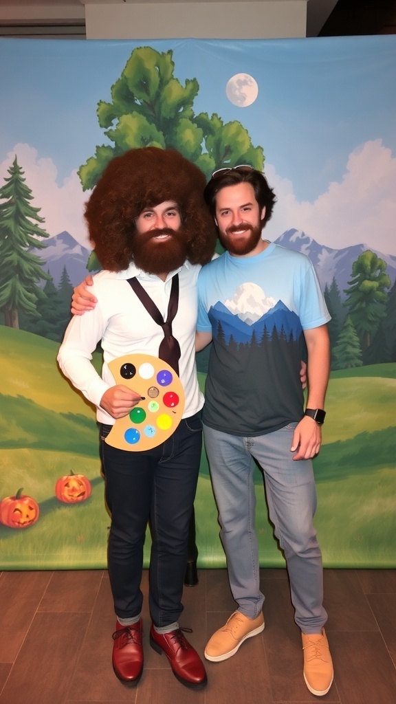 Two friends dressed as Bob Ross and a Happy Little Tree for Halloween.