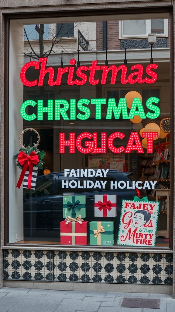 A festive window display featuring bold typography with the word 'Christmas' in bright red and green lights, surrounded by holiday decorations and gifts.