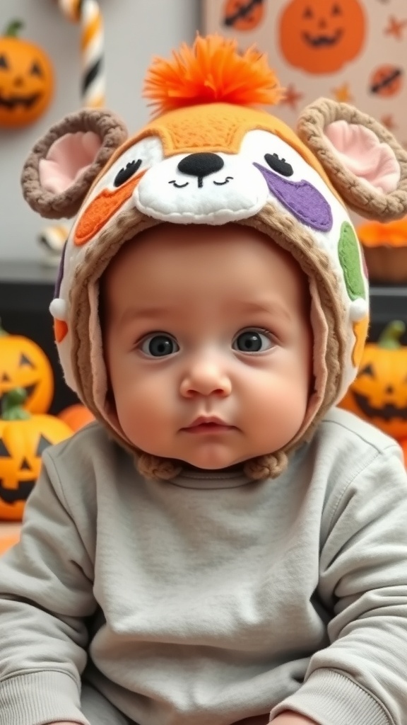 A baby wearing a colorful animal hat, surrounded by Halloween decorations and pumpkins.