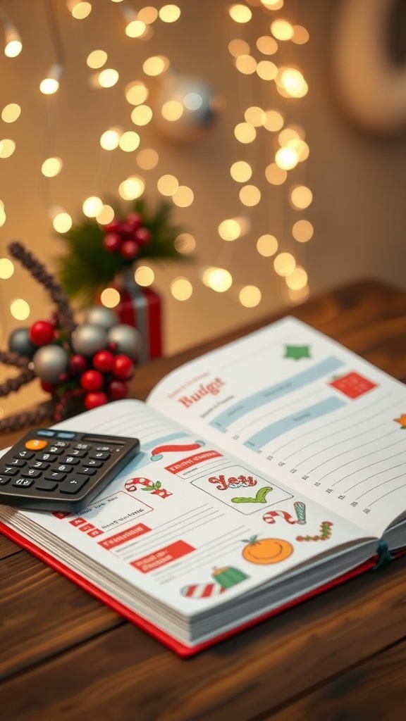 A festive budgeting planner with a calculator, surrounded by Christmas decorations.