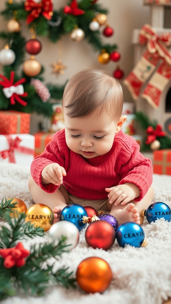 An eight-month-old baby playing with colorful Christmas ornaments on a soft blanket, with a decorated Christmas tree in the background.