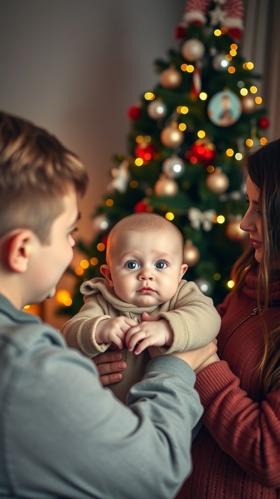 A seven-month-old baby being held by two family members in front of a decorated Christmas tree.