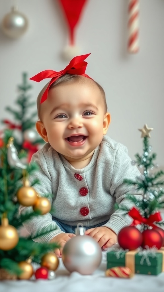 A smiling baby with a red bow, surrounded by Christmas decorations and ornaments.