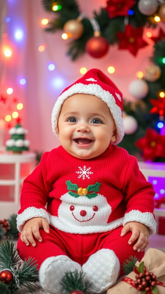 A smiling baby in a red snowman outfit and Santa hat, surrounded by Christmas decorations.