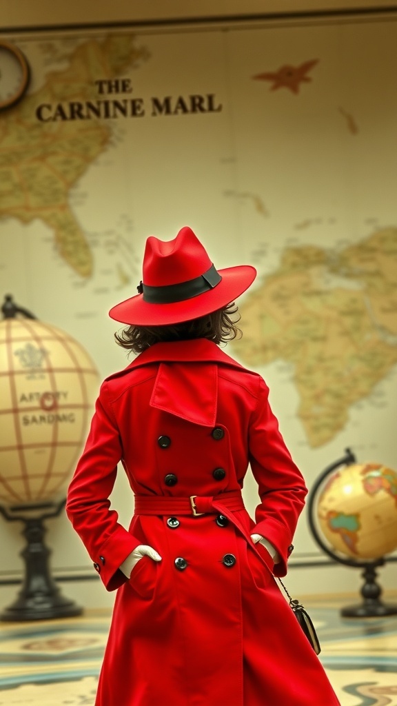 A person wearing a red trench coat and hat, standing in front of a map.