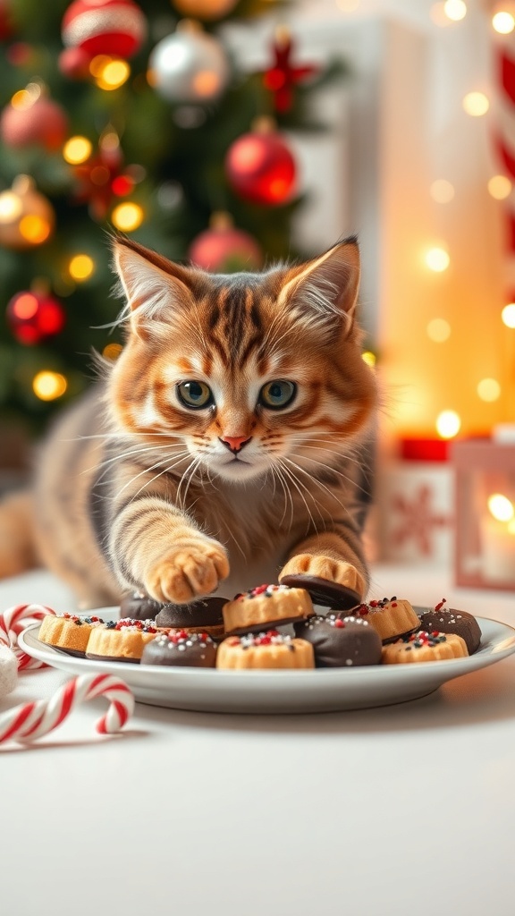 A playful cat reaching for Christmas treats on a plate, with a festive background of a decorated tree and holiday lights.