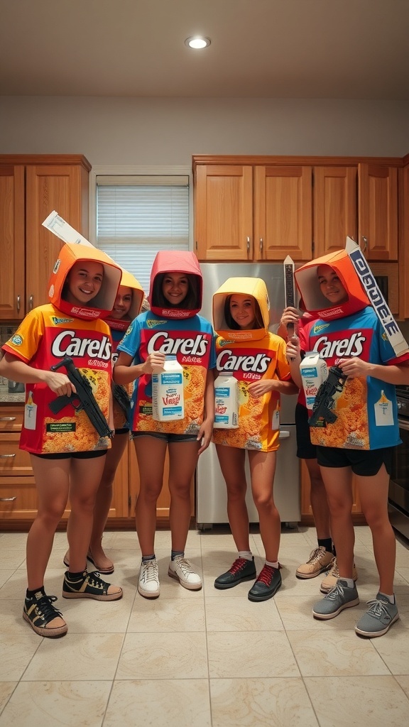 Group of friends dressed as cereal boxes with milk cartons, holding toy weapons