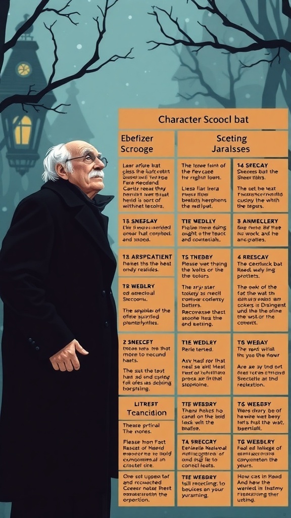 An illustration of Ebenezer Scrooge, a character from A Christmas Carol, reflecting on his life.