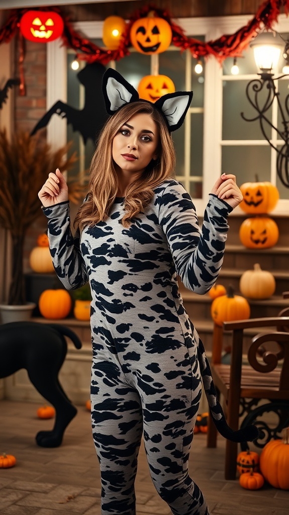 A woman wearing a charming cat costume with cat ears, posing in a decorated Halloween setting with pumpkins.
