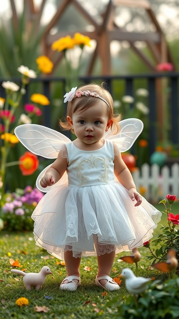 A baby girl in a charming fairy princess costume with wings, standing in a colorful garden.