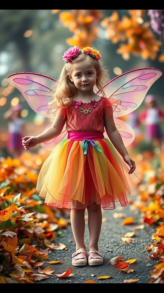 A young girl in a colorful fairy princess costume with wings and a floral headband, surrounded by autumn leaves.