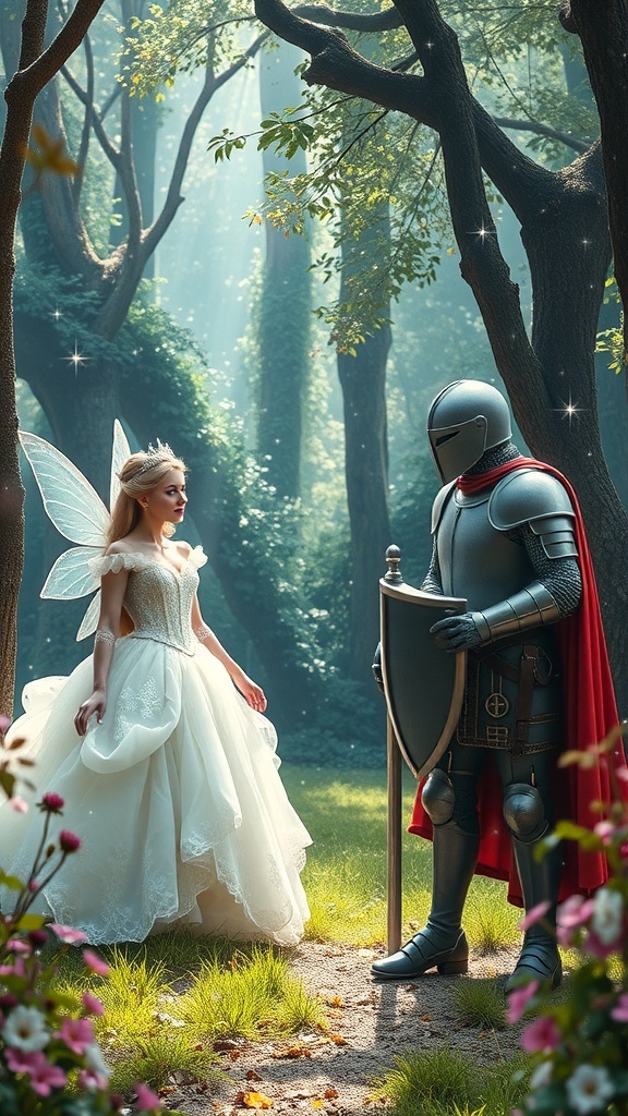 A fairy in a white dress with wings stands beside a knight in armor in a forest setting.