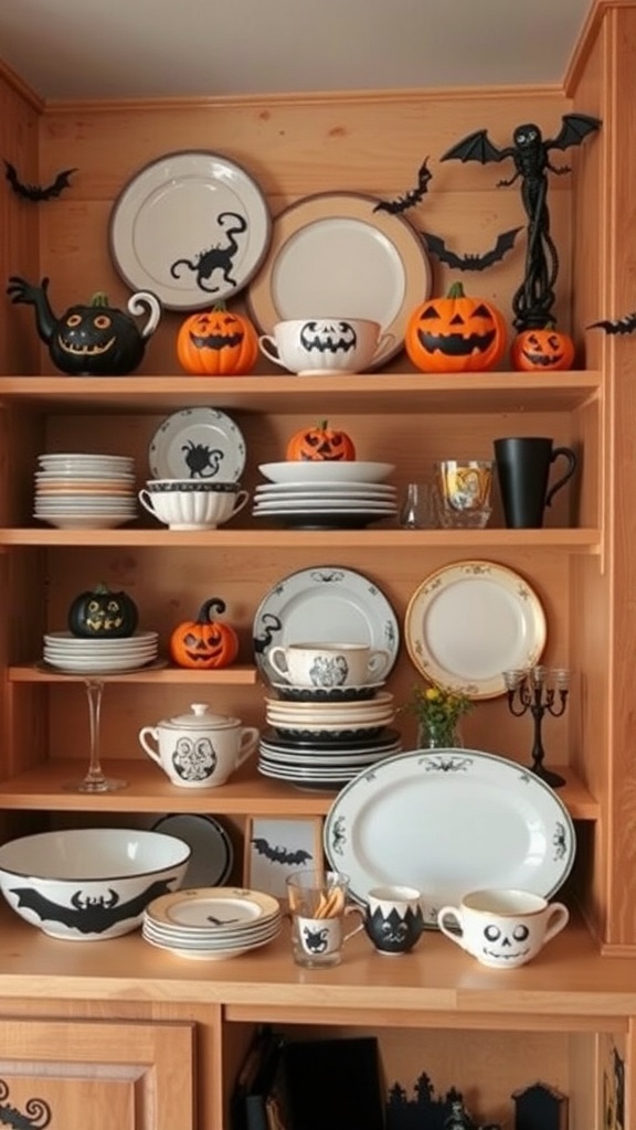 A charming Halloween kitchen display featuring black and white dishware with spooky designs, pumpkins, and bats.