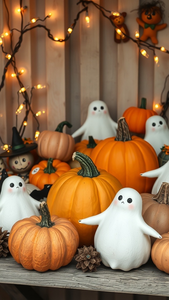 A charming Halloween display featuring pumpkins and ghost decorations with string lights.