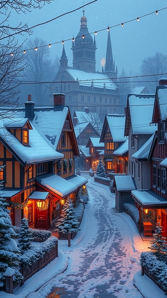 A charming holiday village scene with snow-covered houses, festive lights, and a church in the background.