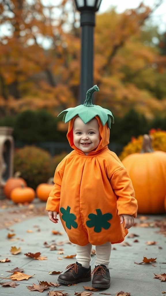 A child in a charming pumpkin costume, smiling and standing among pumpkins in a fall setting.