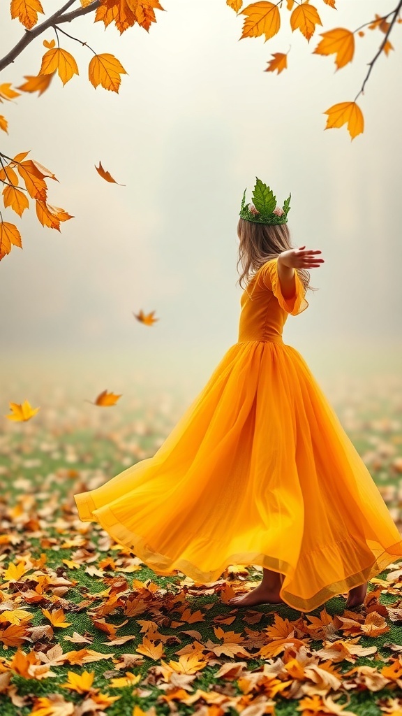 A girl in a yellow dress with a leaf crown, surrounded by autumn leaves.